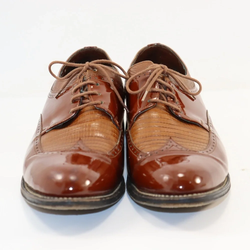 Stacy Baldwin Wingtip‎ Oxford Mens 11 Brown Patent Lizard Embossed Dress Shoes
